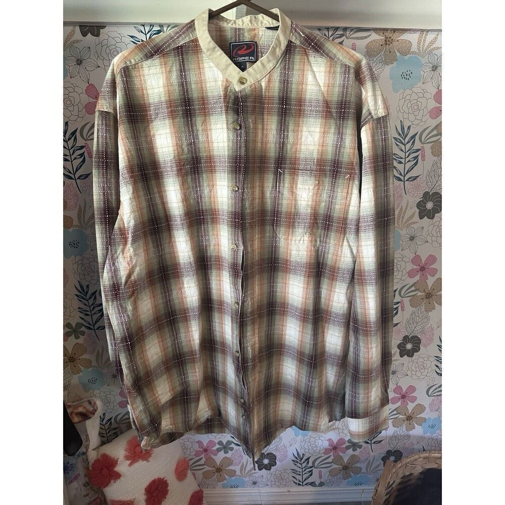 Roper Mens XL Plaid Band Collar Western‎ Shirt Brown Tan Long Sleeve Cotton